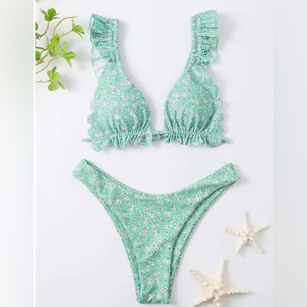 SHEIN Mint Green Floral Ruffle Bikini